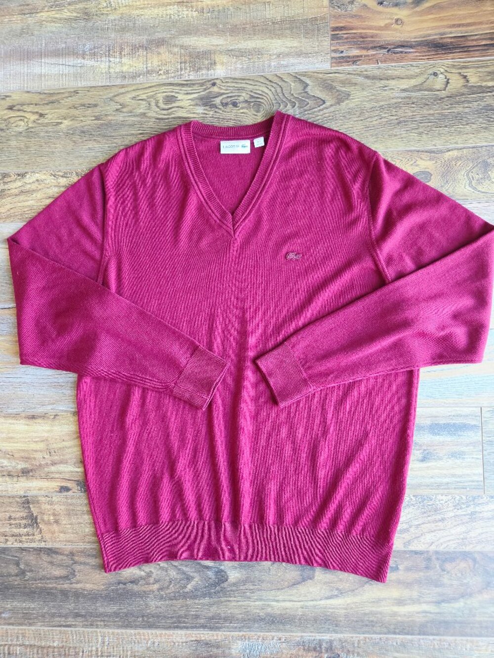 Lacoste 100% Pure Wool Logo V-Neck Sweater Pullover Burgundy